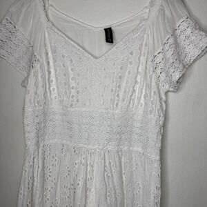 Me 2 Magic White Eyelet Cottagecore Short Sleeve Midi‎ Dress Womens 2X READ